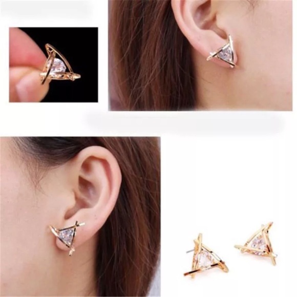 💎SOLITAIRE CAGED CZ STUD EARRINGS IN GOLD-STATEMENT POST OR STUD‎ - Picture 3 of 8